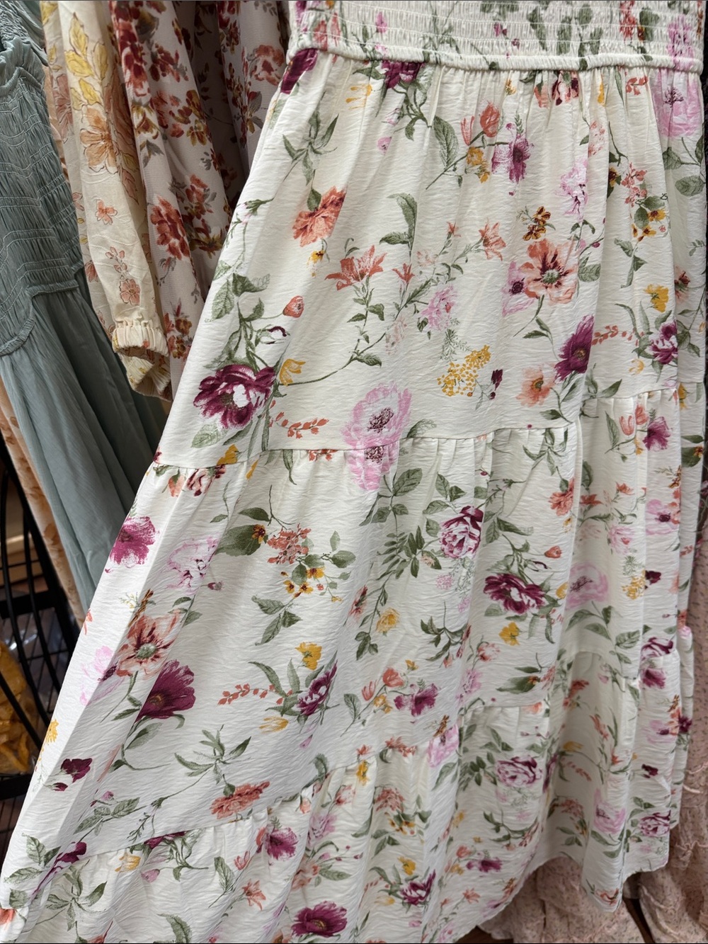 Cream Floral Smocked Midi Dress with Puff Sleeves - Picture 3 of 3